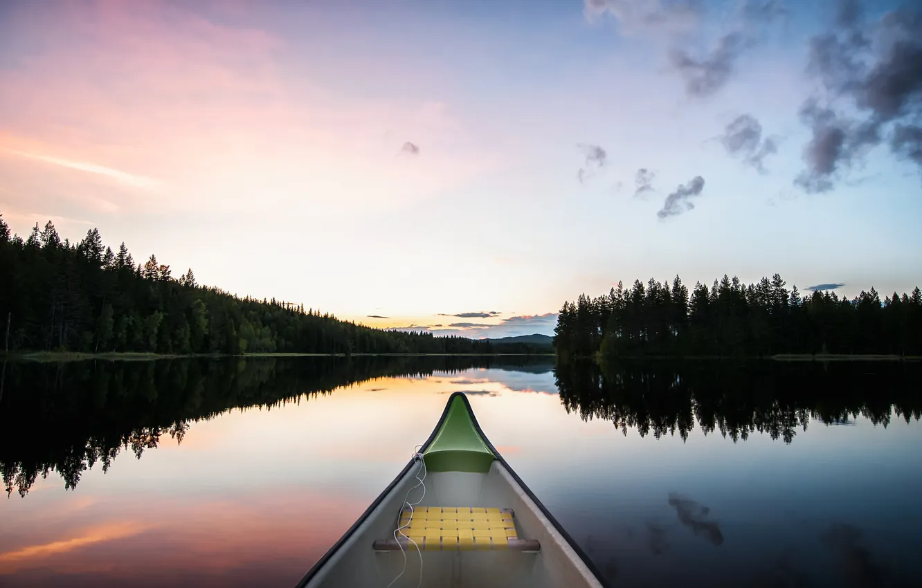 Photo wallpaper the sky, clouds, trees, lake, reflection, mirror, Canoeing