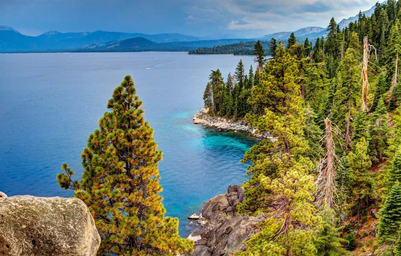 Photo wallpaper forest, trees, mountains, lake, stones, CA, USA, Tahoe