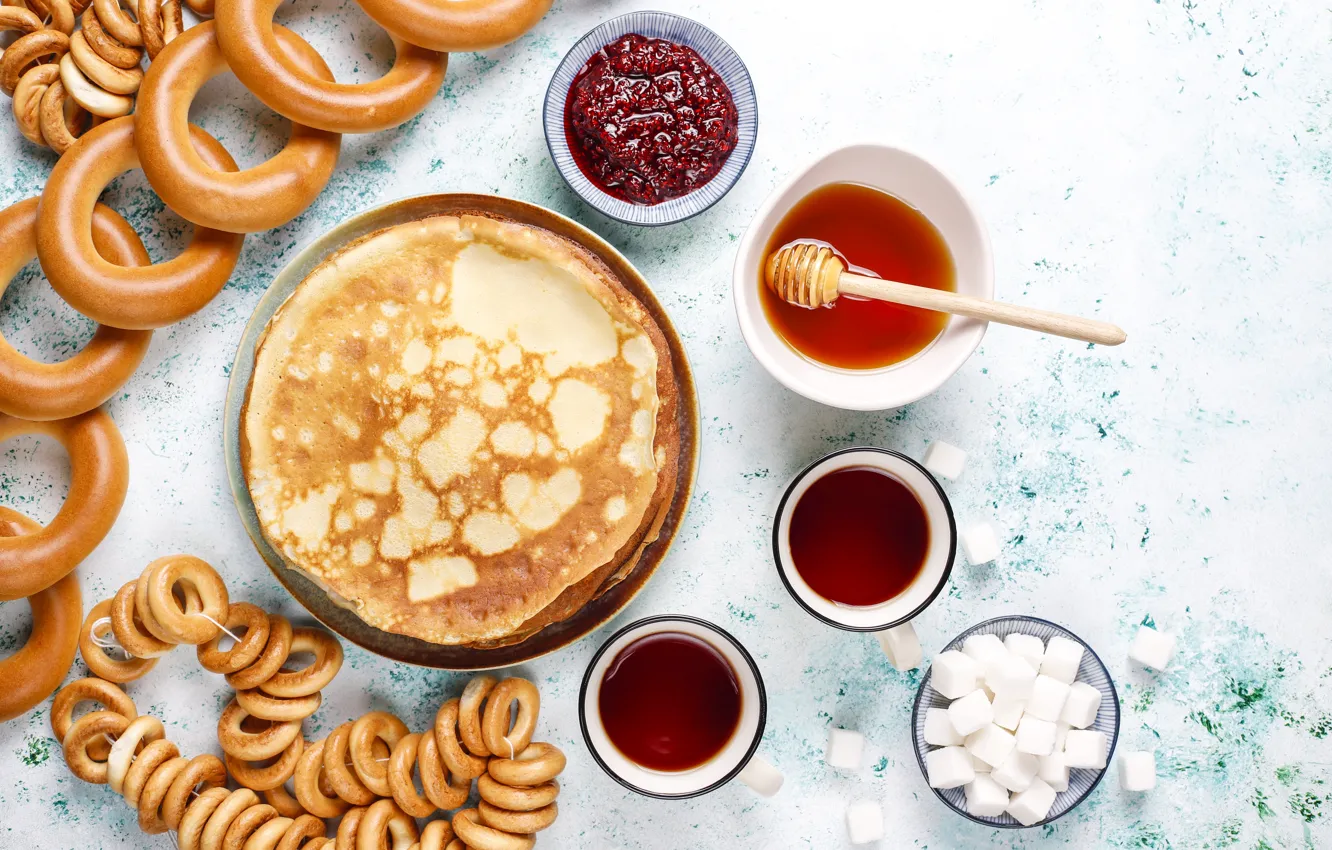 Photo wallpaper tea, honey, plate, the tea party, Cup, sugar, bagels, bowl