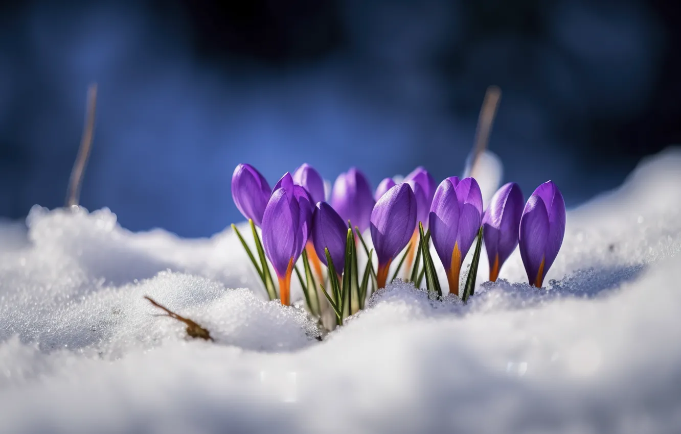 Photo wallpaper snow, flowers, spring, crocuses, the snow, buds, primrose, lilac