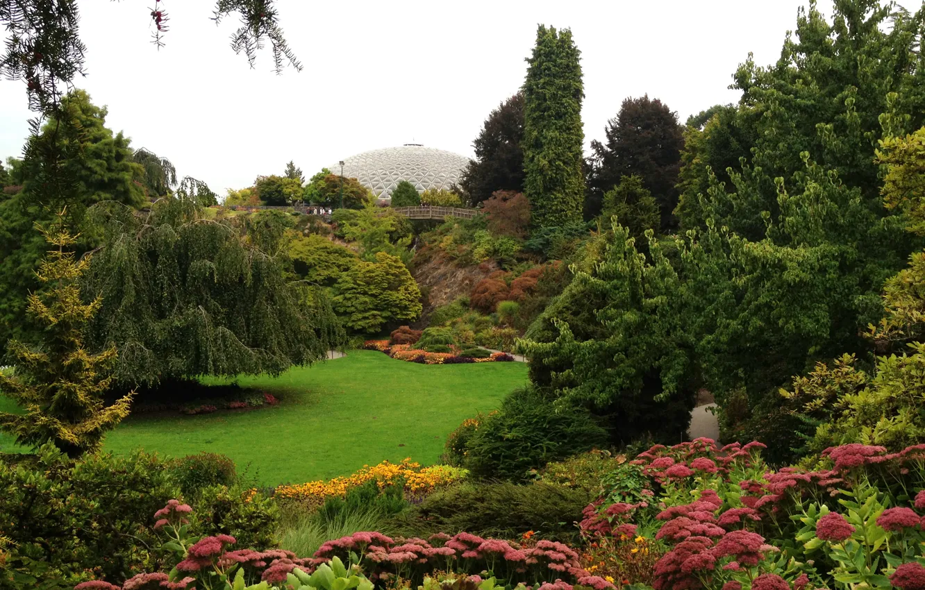 Photo wallpaper greens, grass, trees, flowers, glade, garden, Canada, the bushes