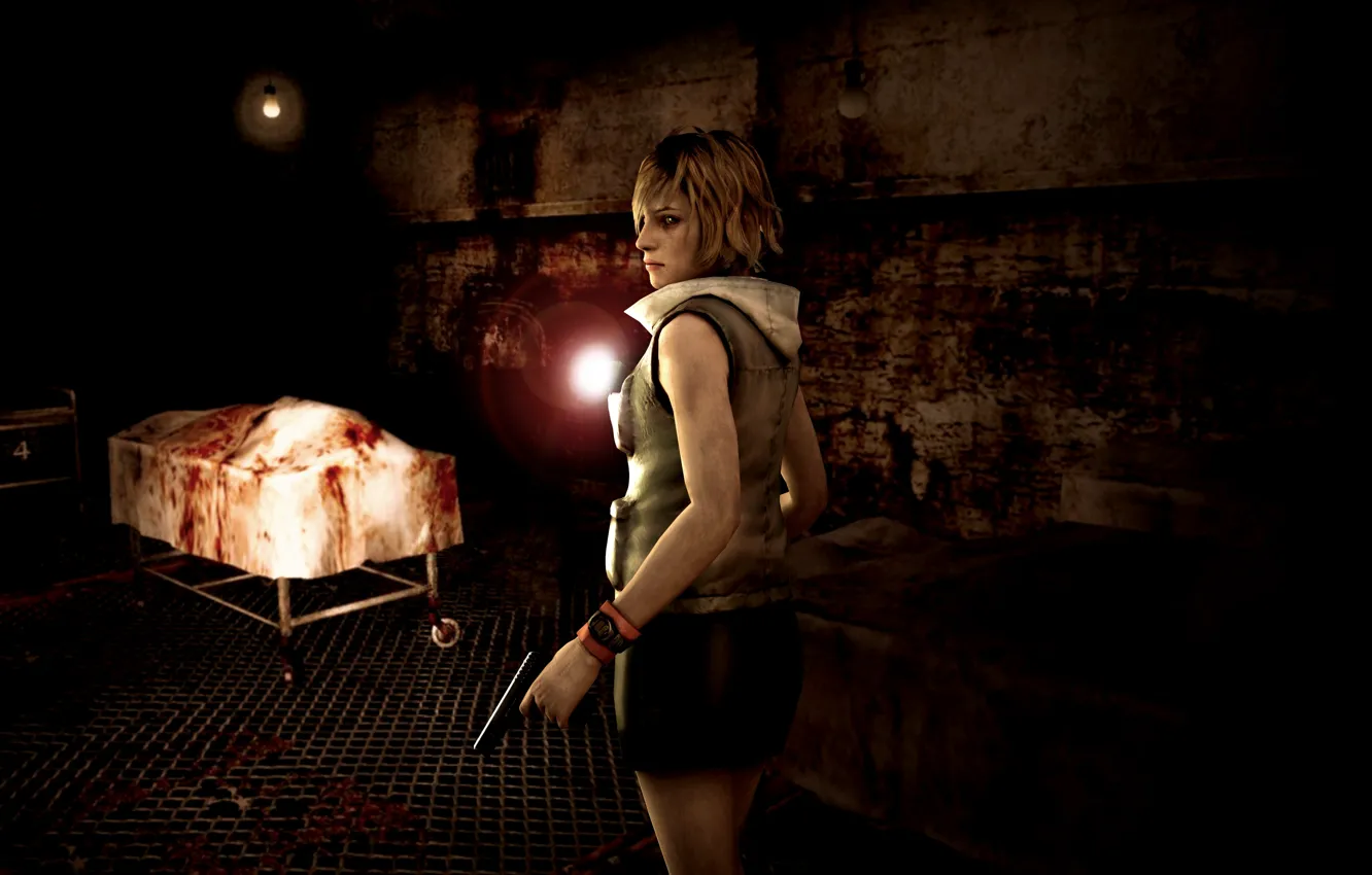Photo wallpaper darkness, gun, the darkness, lights, fan art, Heather Mason, Konami, survival horror