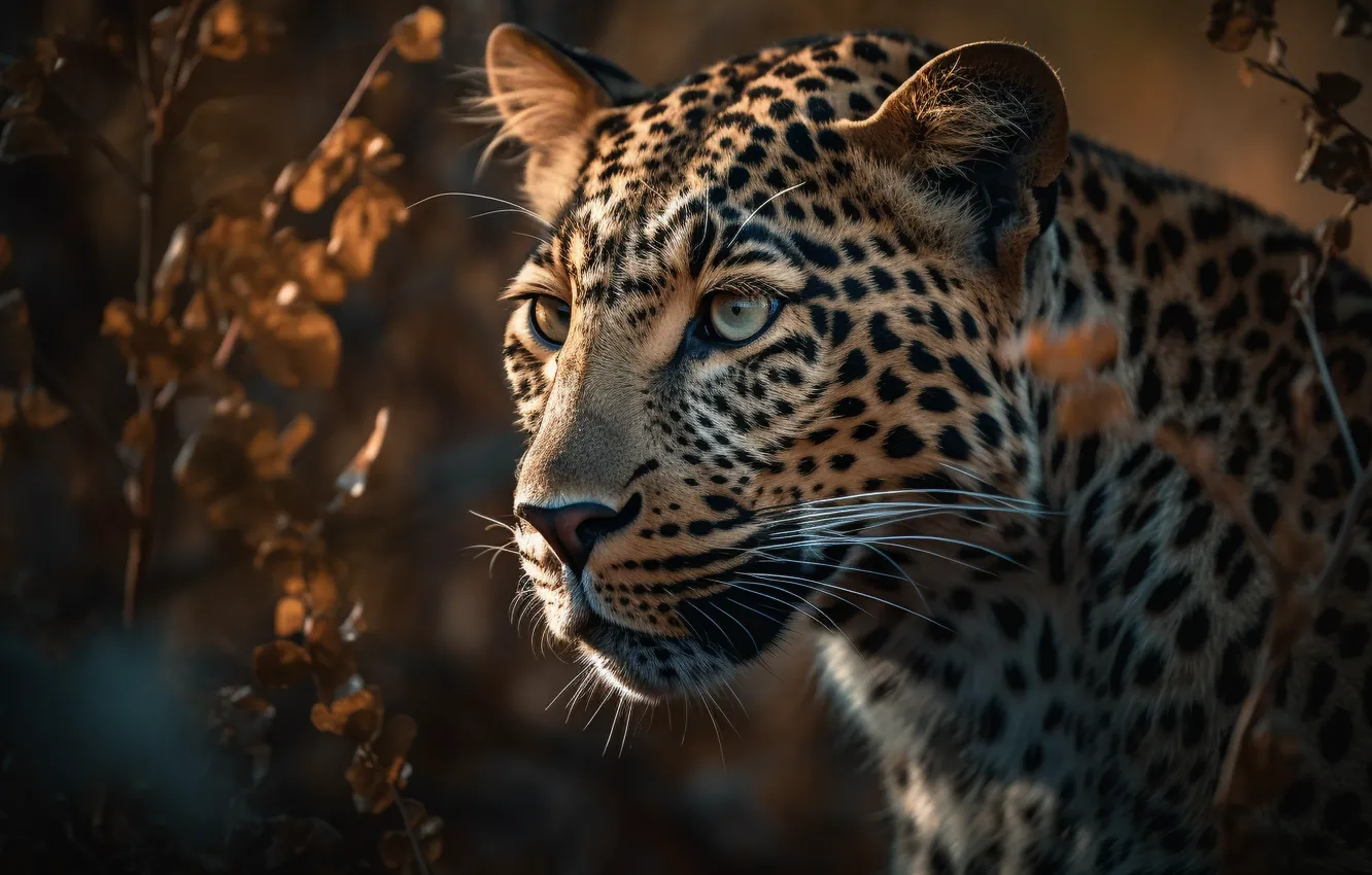 Photo wallpaper look, face, predator, leopard, big cat, spotted, digital art, AI art