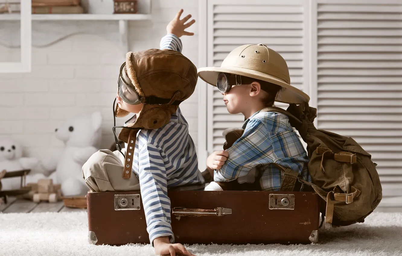 Photo wallpaper children, the game, toys, hat, glasses, suitcase, backpack, bears