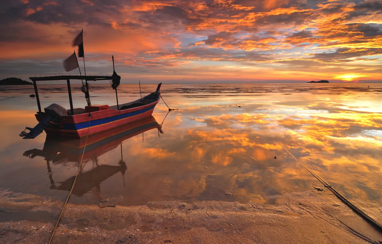 Photo wallpaper sea, beach, clouds, sunset, reflection, boat