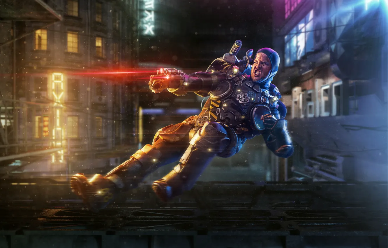Photo wallpaper the city, weapons, man, laser