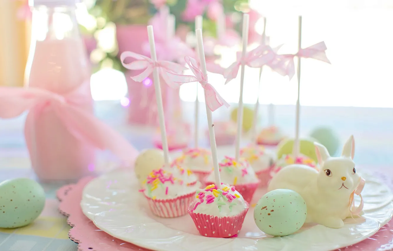 Photo wallpaper eggs, rabbit, Easter, cakes, cupcakes