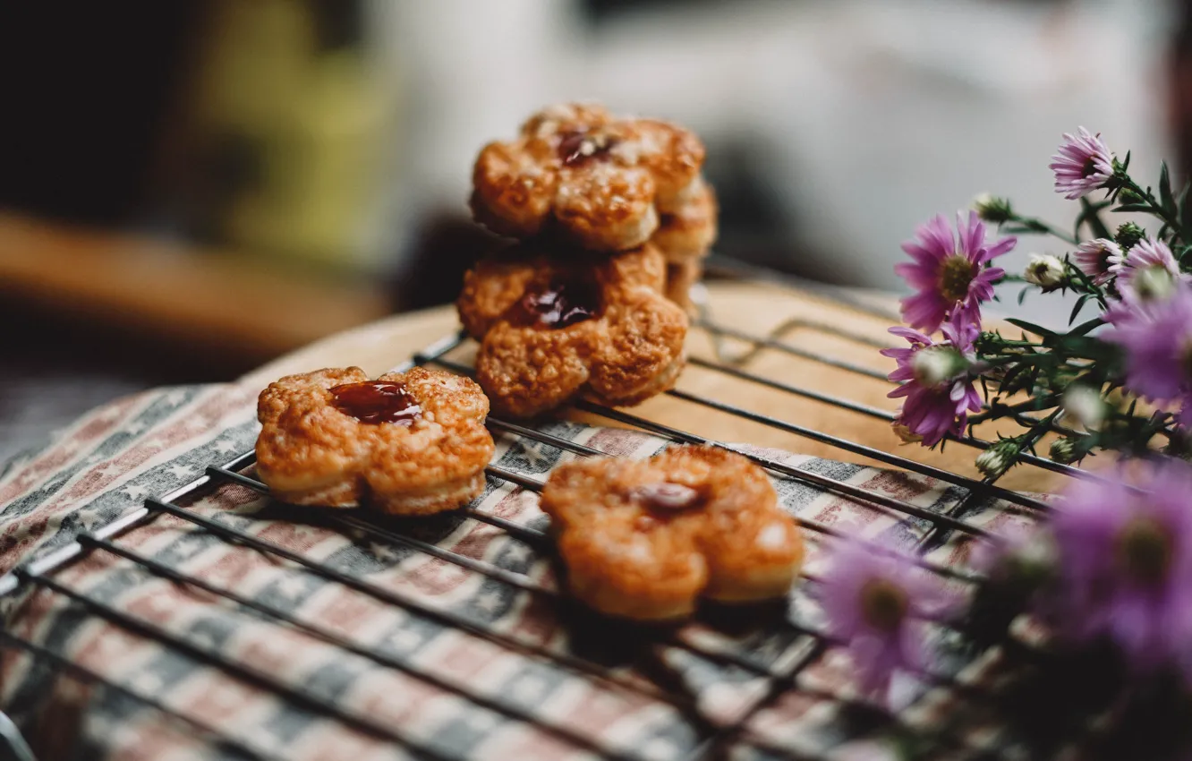 Photo wallpaper flowers, table, towel, blur, grille, cookies, pink, cakes