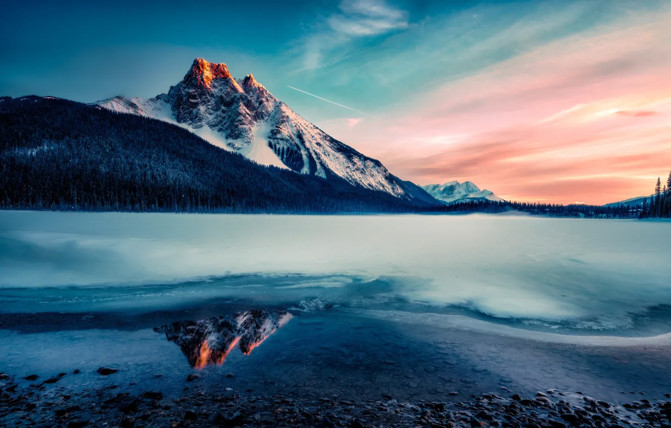 Photo wallpaper winter, snow, landscape, mountains, nature, lake, reflection, morning