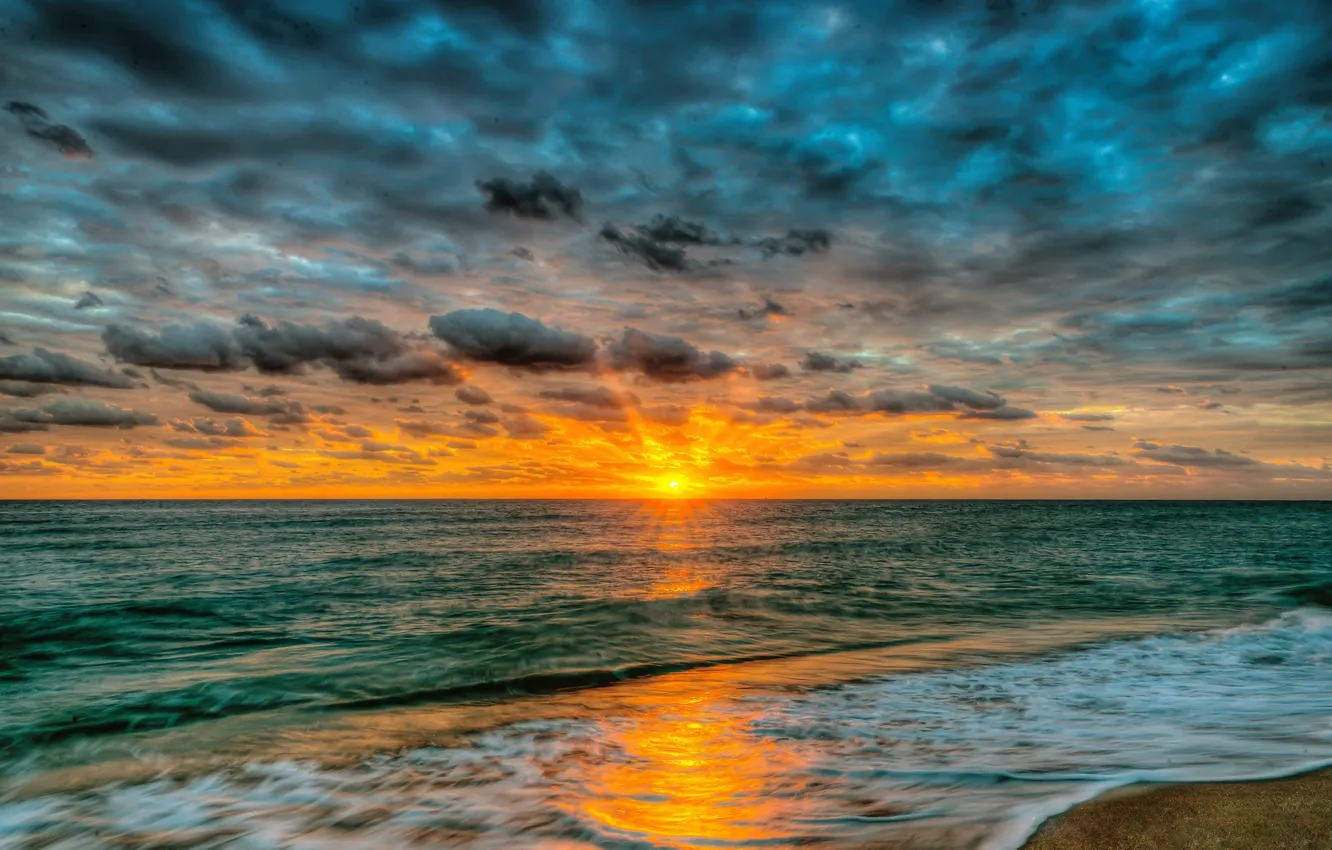 Photo wallpaper sand, sea, beach, the sky, water, clouds, landscape, sunset