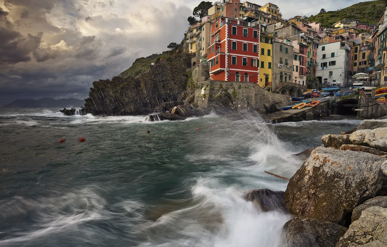 Photo wallpaper sea, stones, rocks, home, Italy, Riomaggiore, Cinque Terre, The Ligurian coast