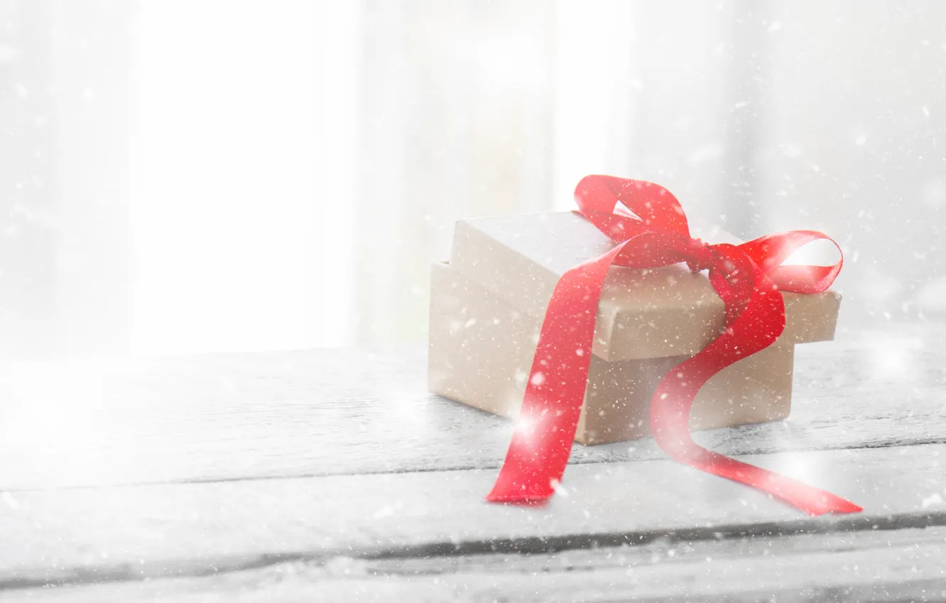 Photo wallpaper snow, background, gift, tape, red, wood, Xmas, Box