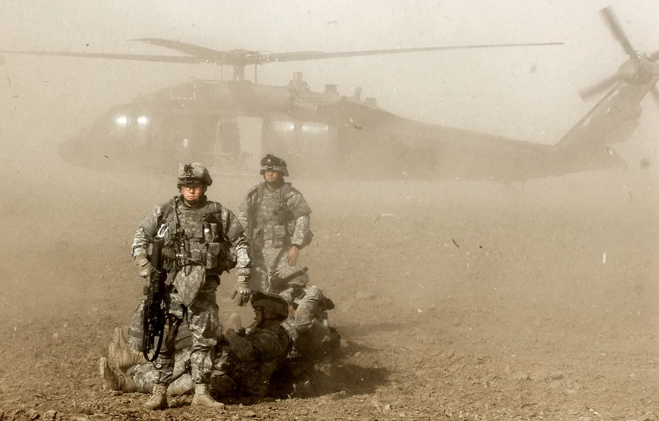 Photo wallpaper dust, helicopter, soldiers