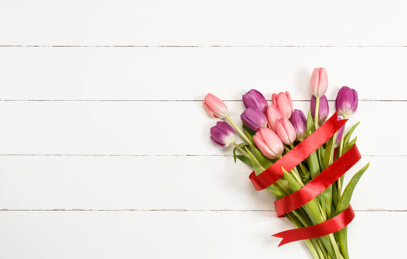 Photo wallpaper flowers, bouquet, tape, tulips, love, pink, wood, pink