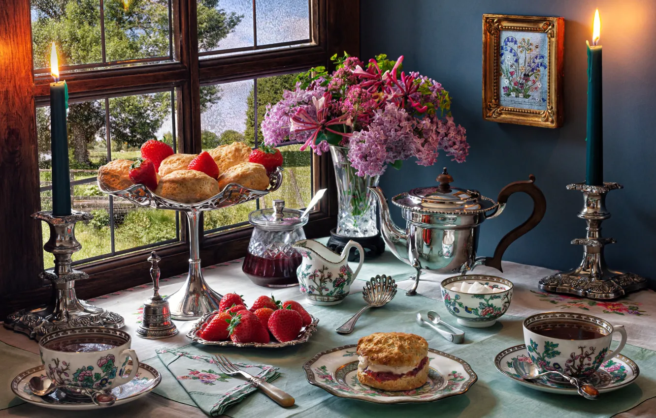 Photo wallpaper flowers, style, berries, bouquet, candles, kettle, strawberry, mug