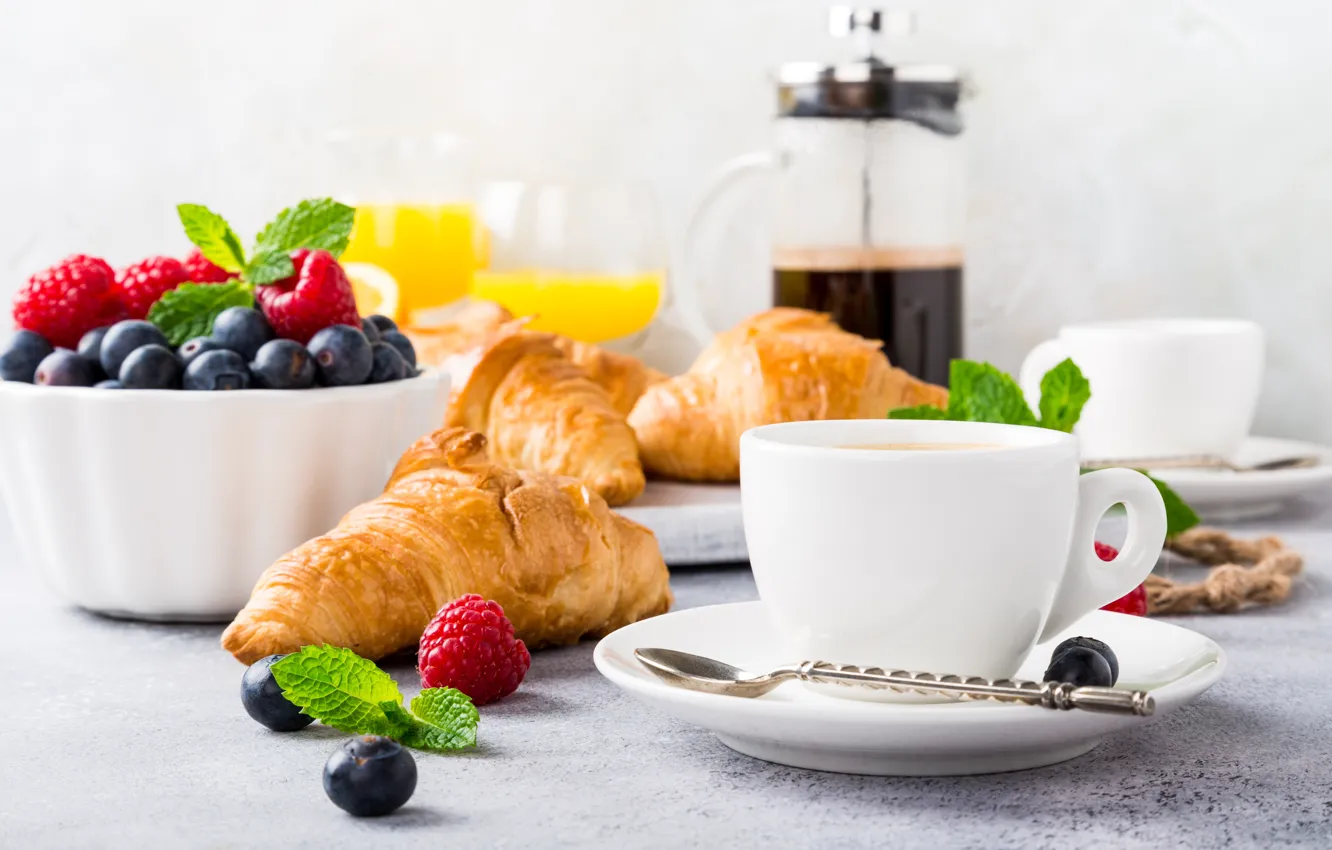 Photo wallpaper berries, coffee, Breakfast, orange juice, croissant, Iryna Melnyk