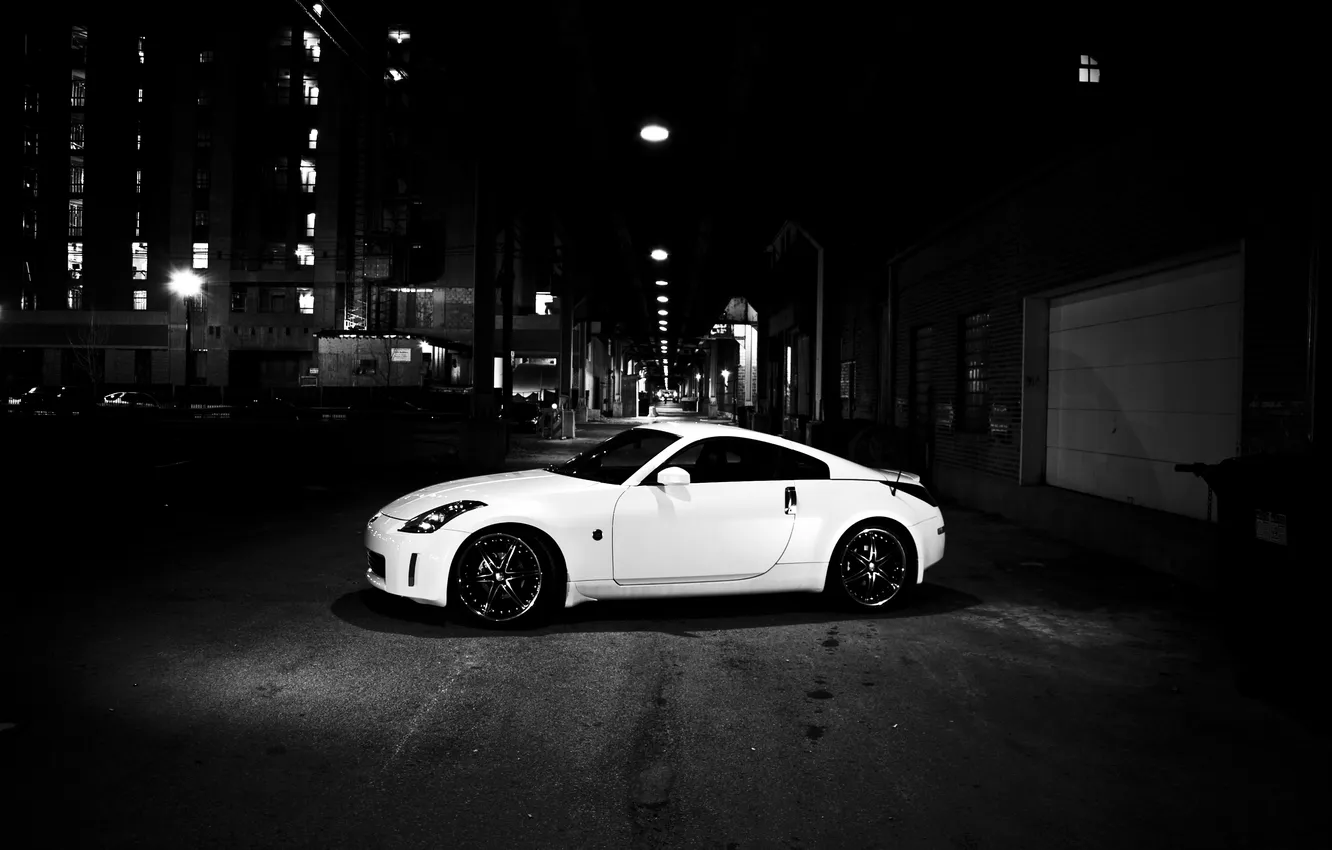 Photo wallpaper night, city, the city, lights, photo, street, Nissan 350z, cars