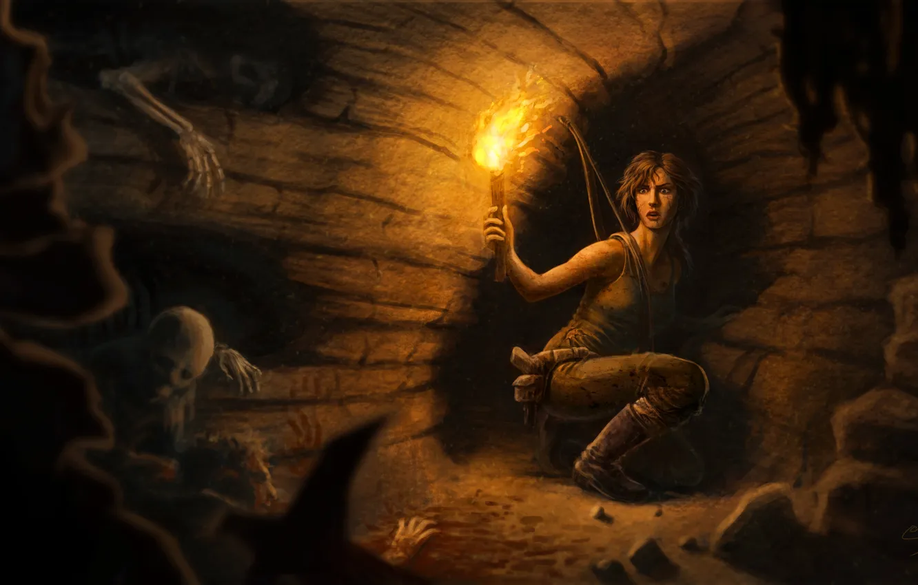 Photo wallpaper girl, torch, Tomb Raider, caves, Scilly