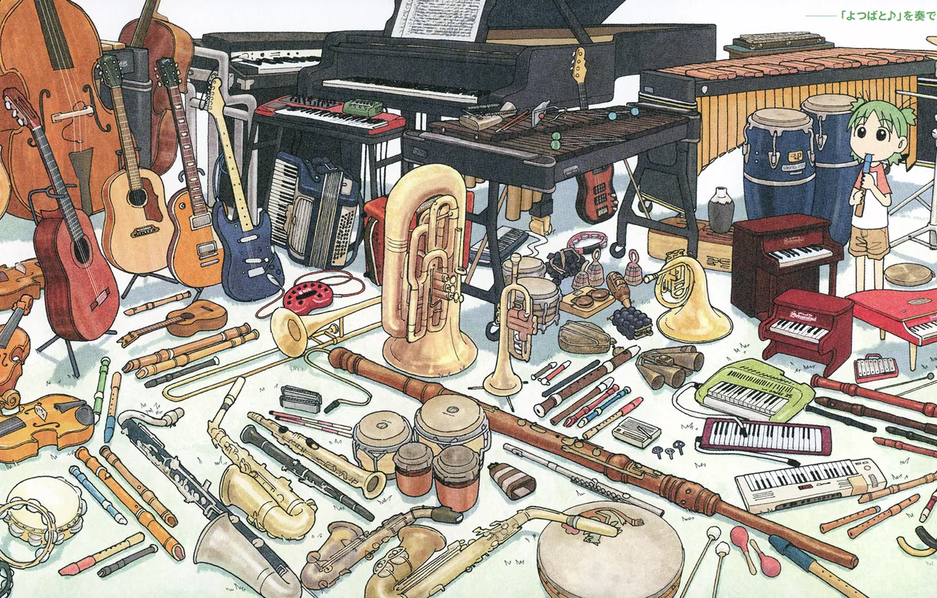 Photo wallpaper guitar, piano, girl, flute, green hair, a lot, drum, musical instruments