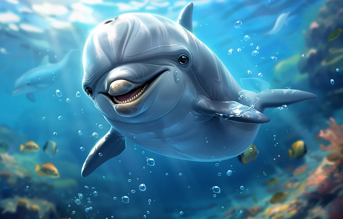 Photo wallpaper face, smile, dolphins, underwater world, digital art, AI art, The Art of Artificial Intelligence, neural …