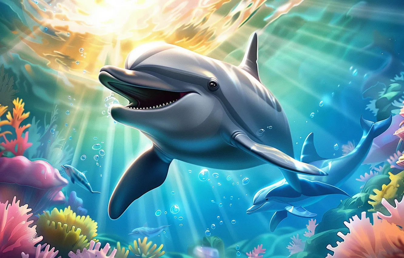 Photo wallpaper fish, corals, dolphins, underwater world, the rays of the sun, digital art, AI art, The …