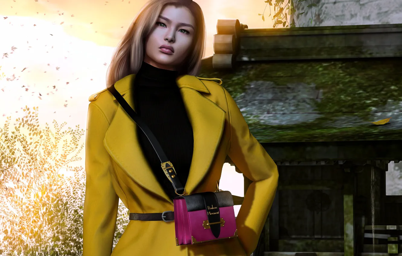 Photo wallpaper girl, face, style, background, hair, handbag, coat