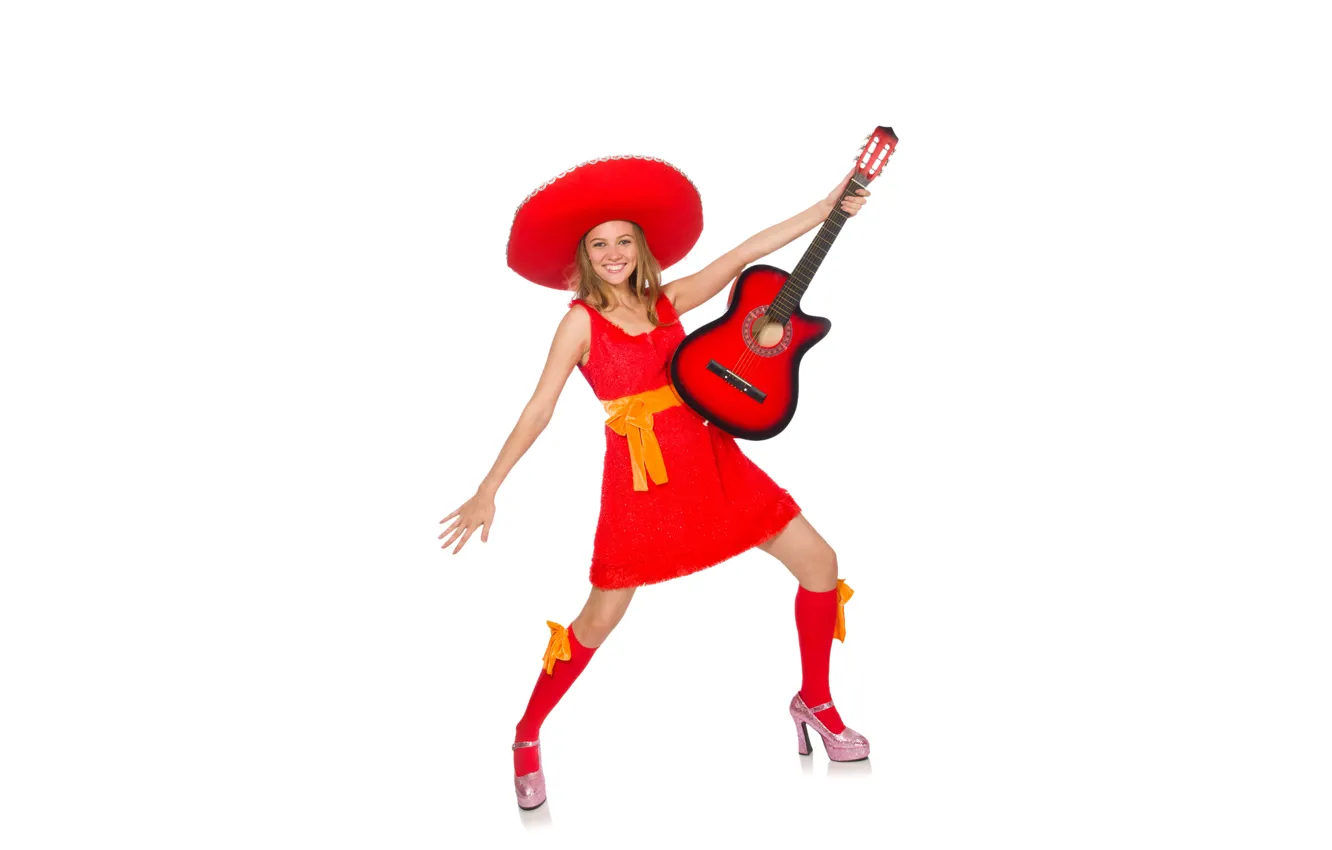 Photo wallpaper girl, joy, guitar, in red