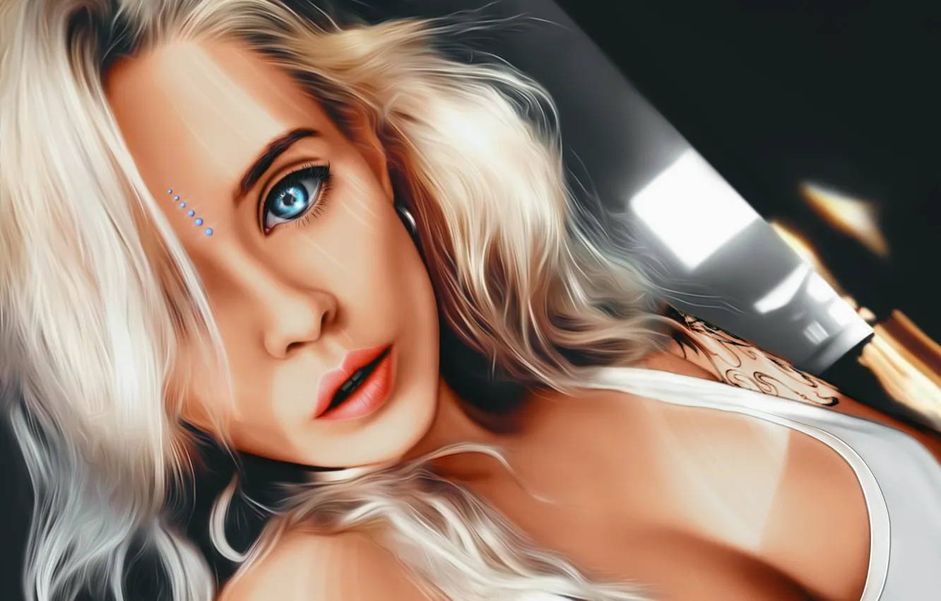 Photo wallpaper Girl, cleavage, art, blue eyes, tattoo, lips, face, painting