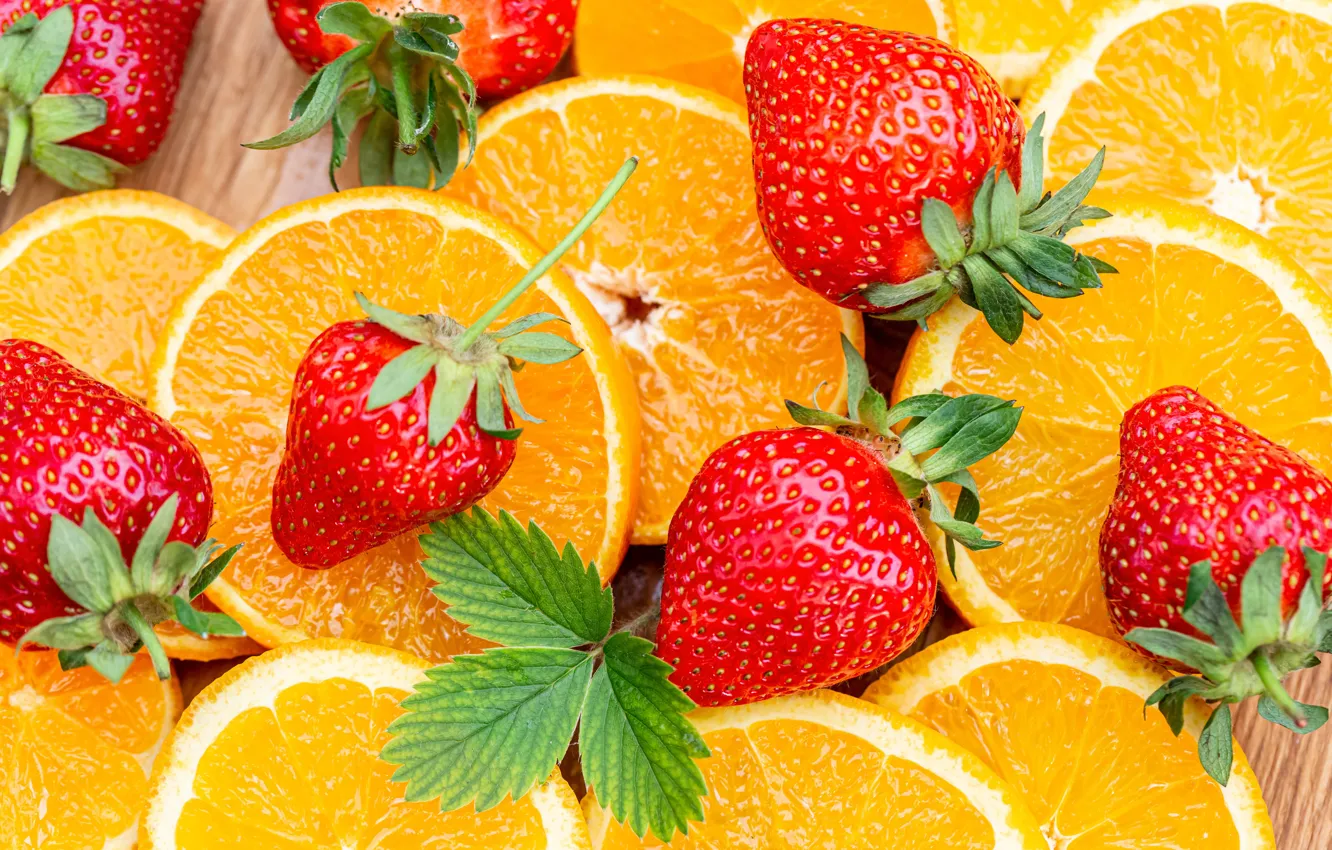 Photo wallpaper berries, oranges, strawberry, leaf