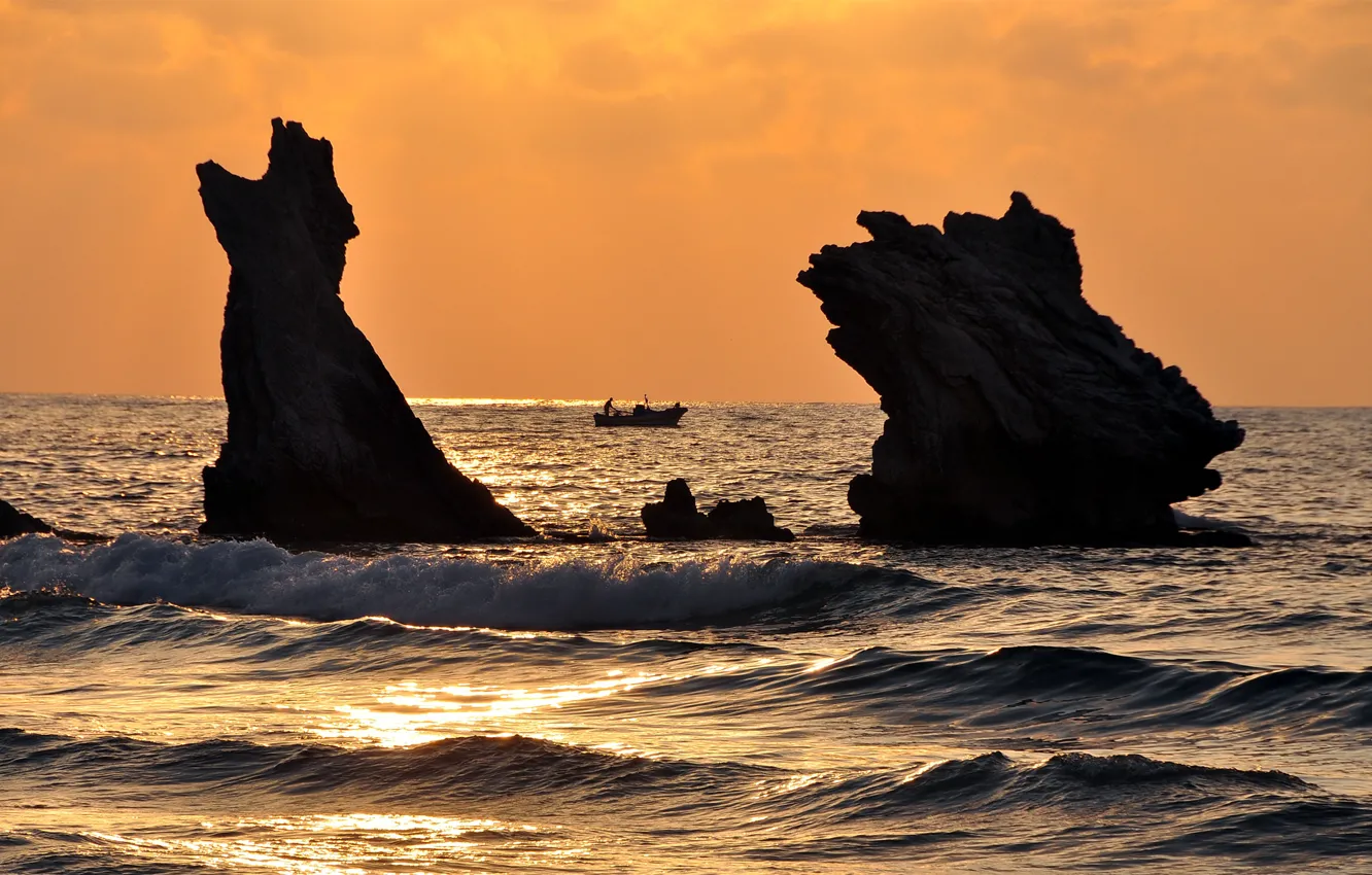 Photo wallpaper sea, wave, sunset, rocks, boat, two, fishermen, Barkas