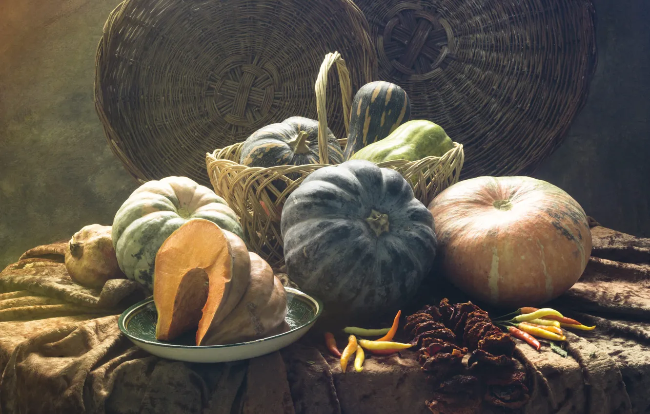 Photo wallpaper table, harvest, fabric, pumpkin, pot, pepper, fruit, still life