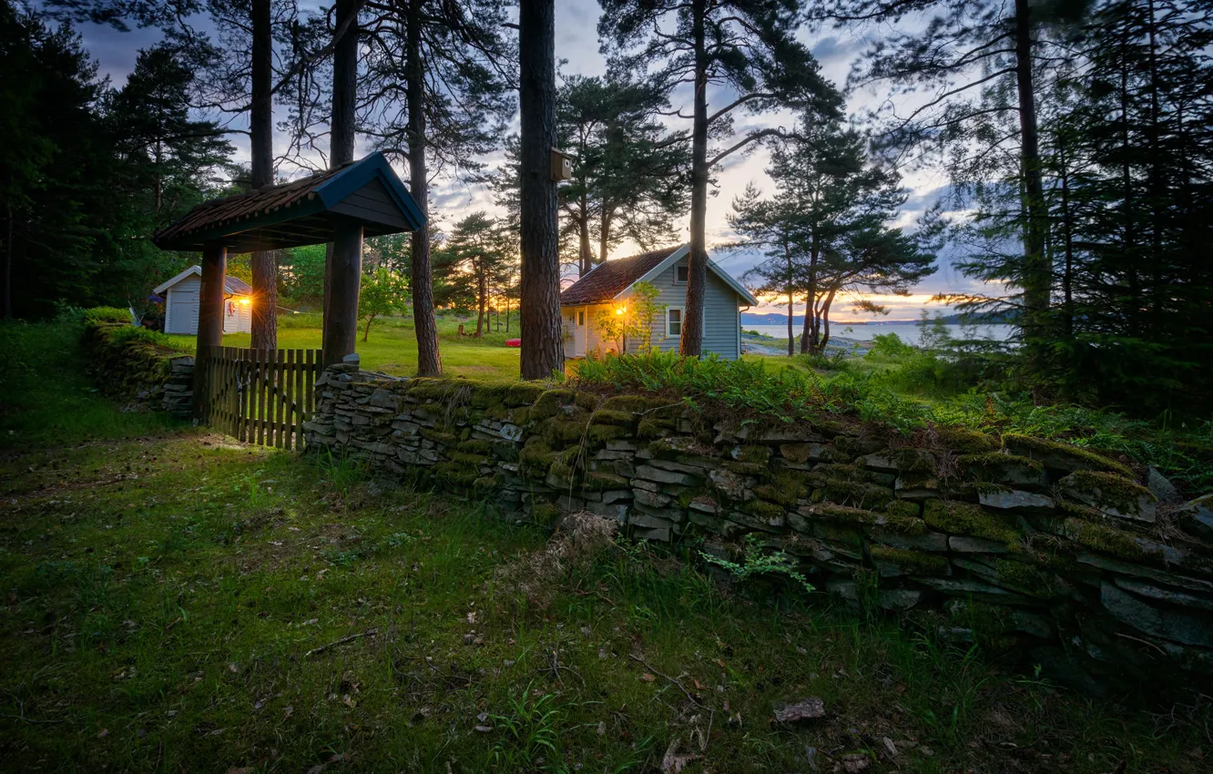 Photo wallpaper grass, trees, lake, stones, the fence, Norway, lights, house