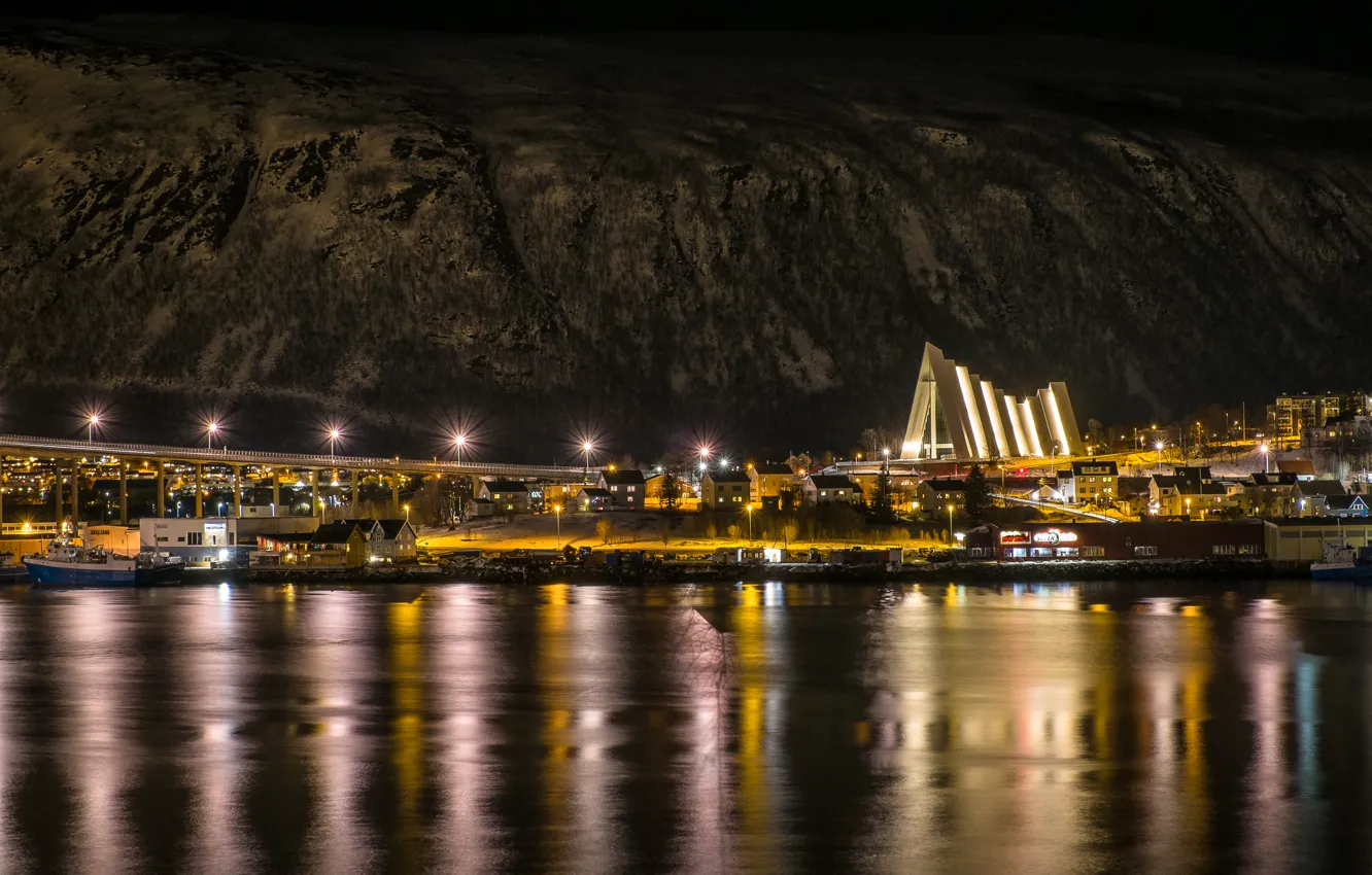 Photo wallpaper mountains, night, lights, river, home, Norway, lights, Tromso