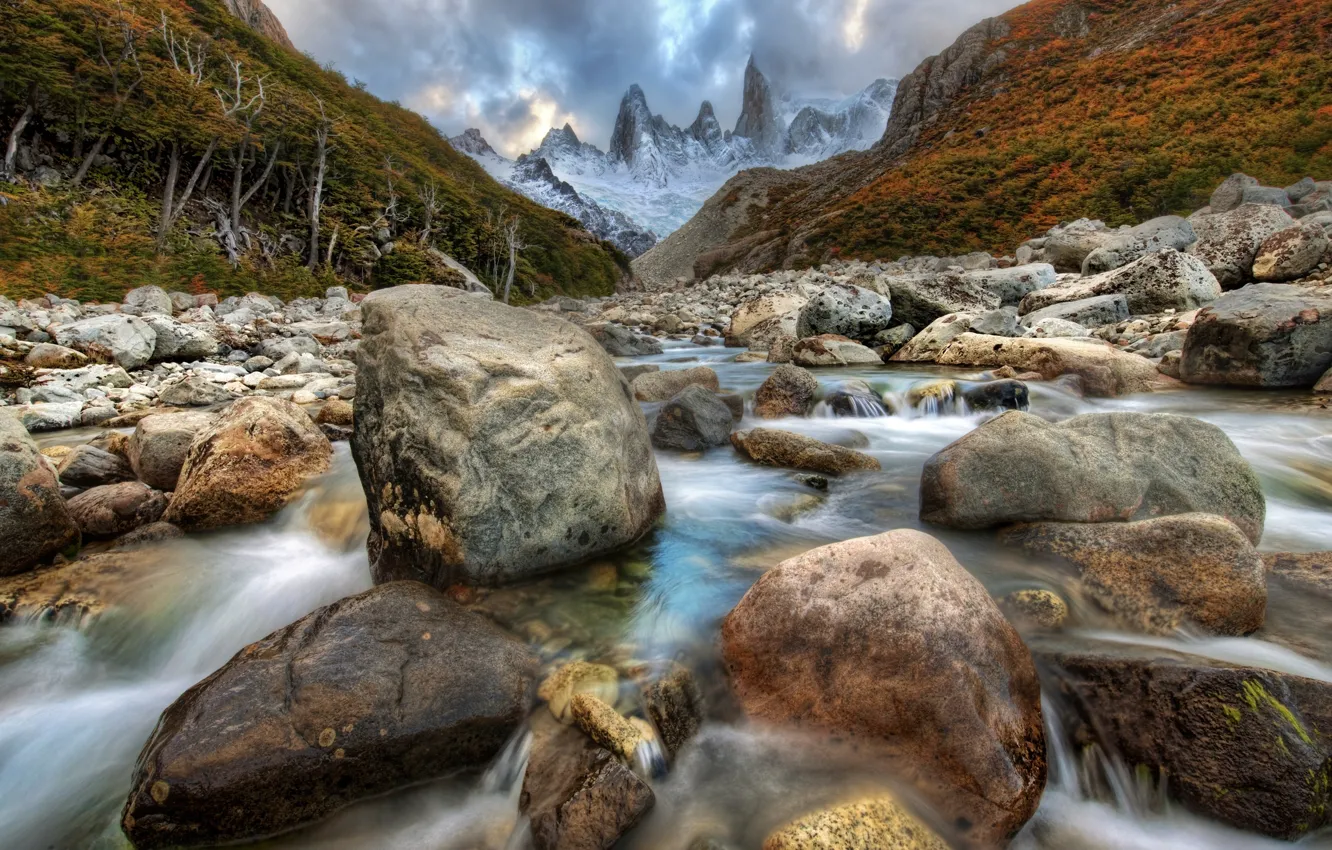 Photo wallpaper river, stones, for, mountain