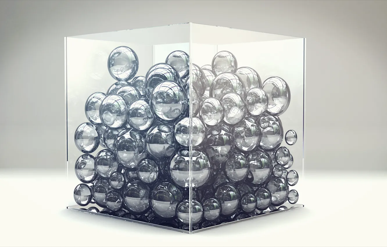 Photo wallpaper glass, box, balls, cube, render