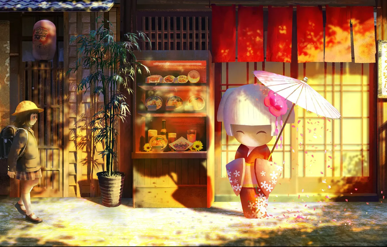 Photo wallpaper doll, umbrella, bamboo, petals, Japan, schoolgirl, the sidewalk, Panama