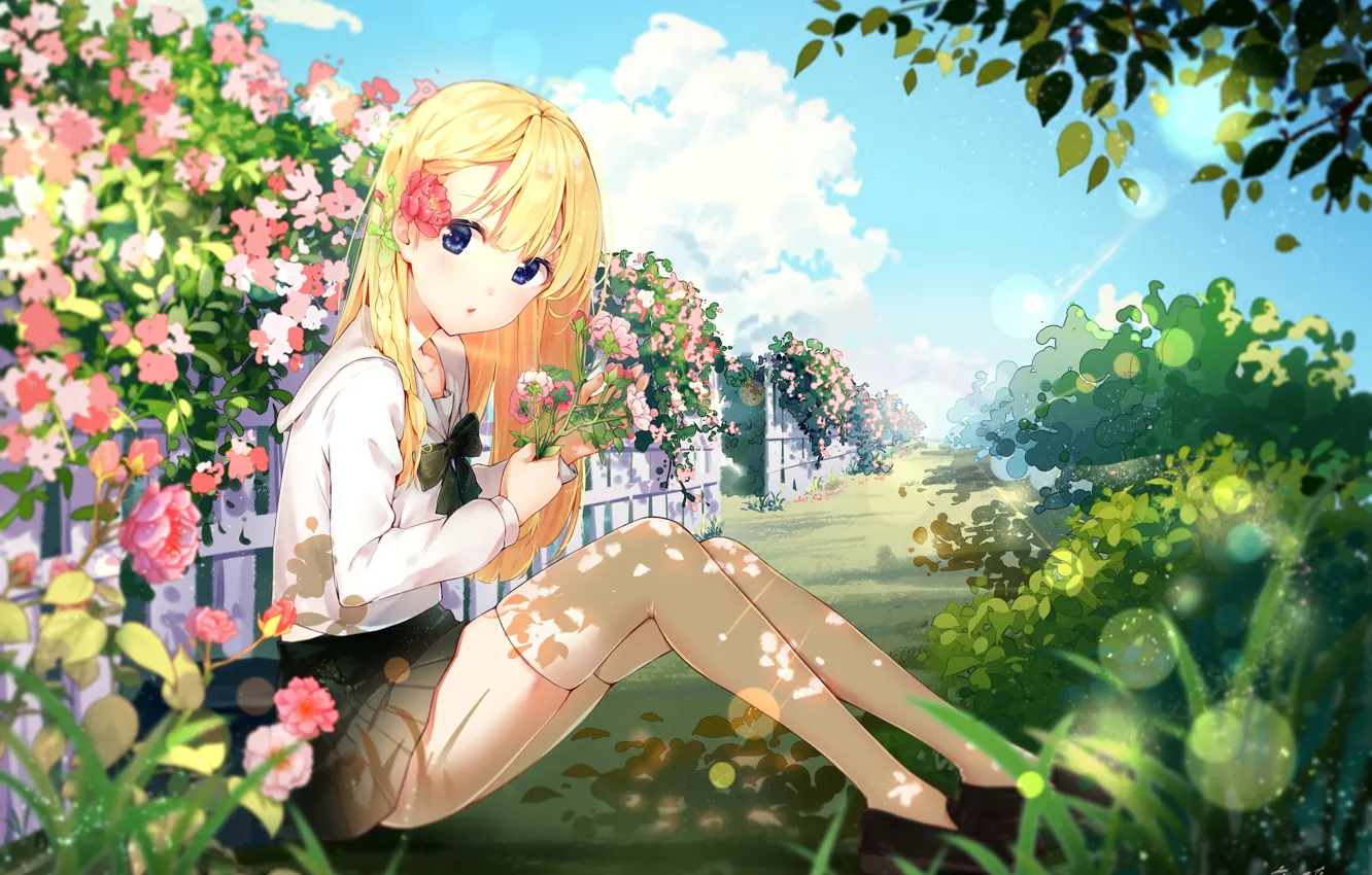 Photo wallpaper girl, flowers, meadow, yinchi