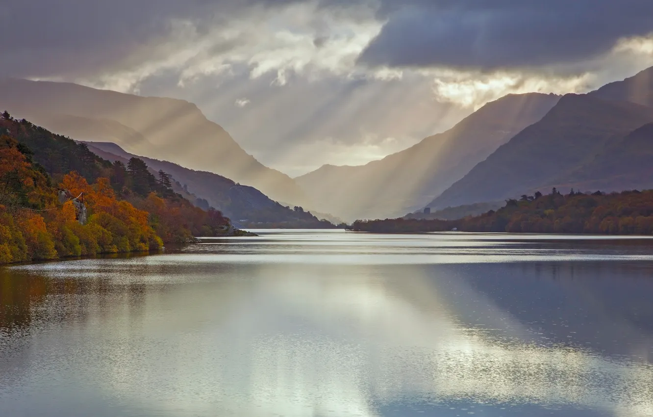 Photo wallpaper autumn, UK, Wales, glacial lake, November, Llyn Padarn, Snowdonia, the County of Gwynedd