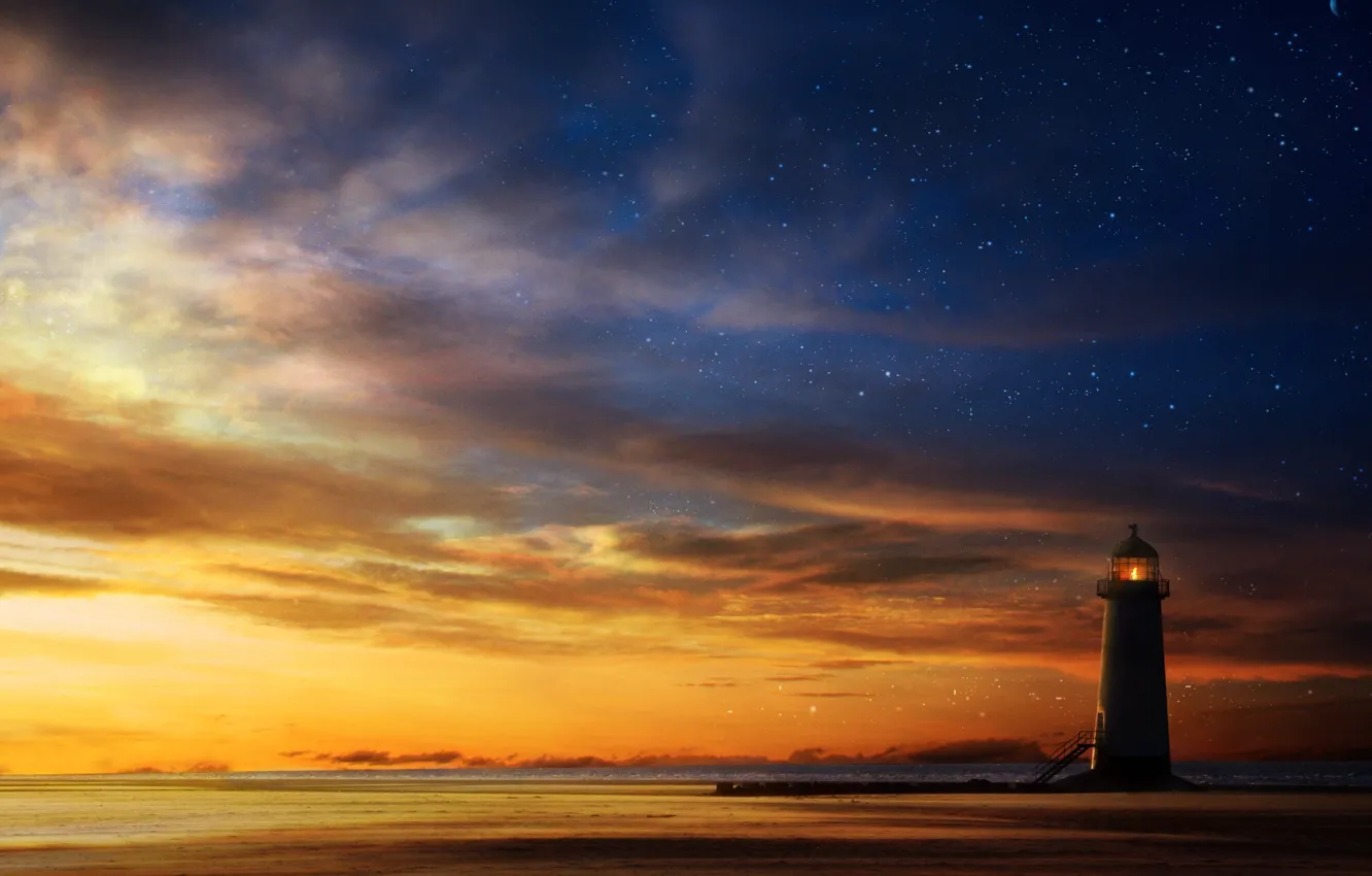 Photo wallpaper sea, the sky, stars, sunset, lighthouse, art