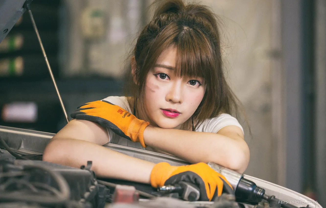 Photo wallpaper sitting, photo, asian girl, cute Asian girl, Please Please, Fei, girl mechanic, Xin Xin