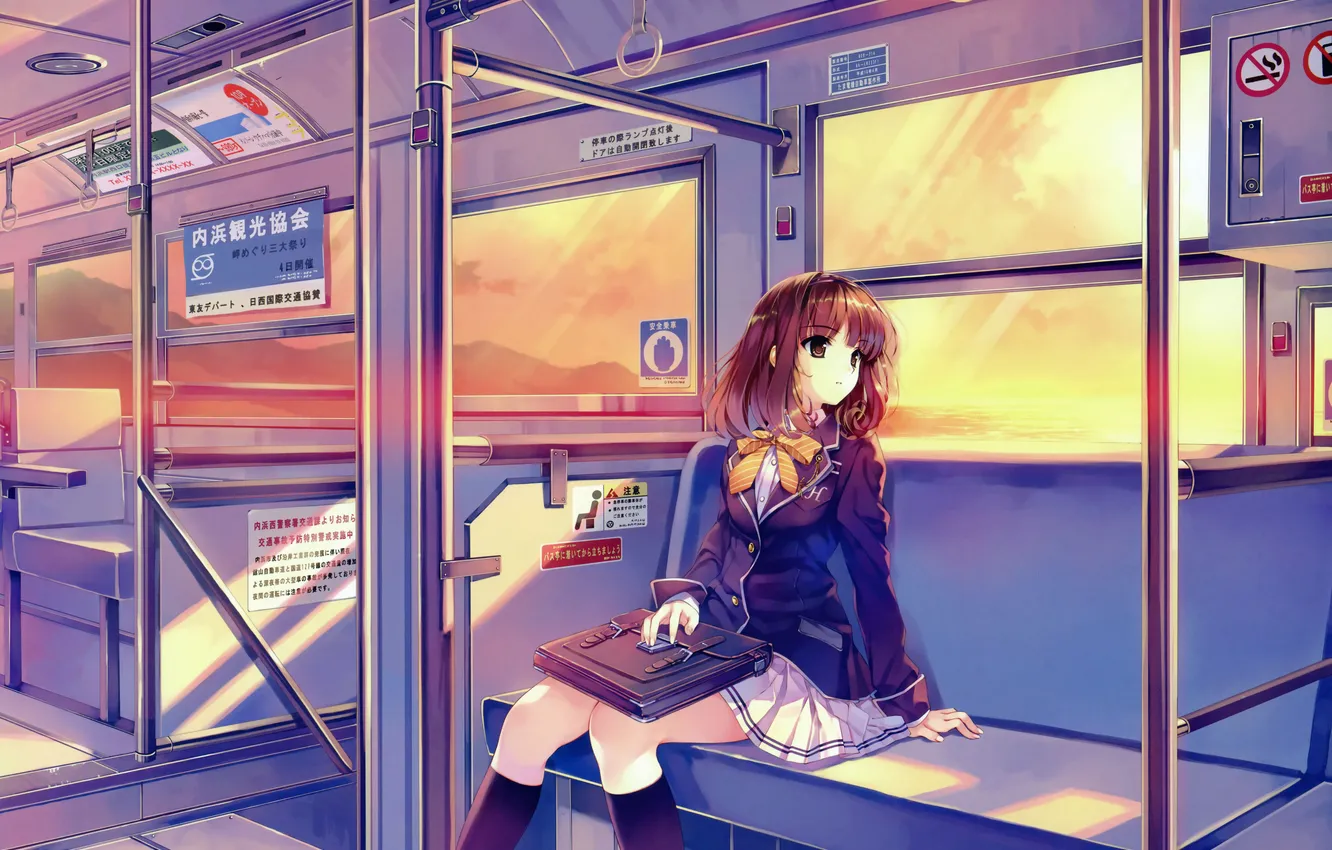 Photo wallpaper girl, train, form, schoolgirl, portfolio, looking out the window