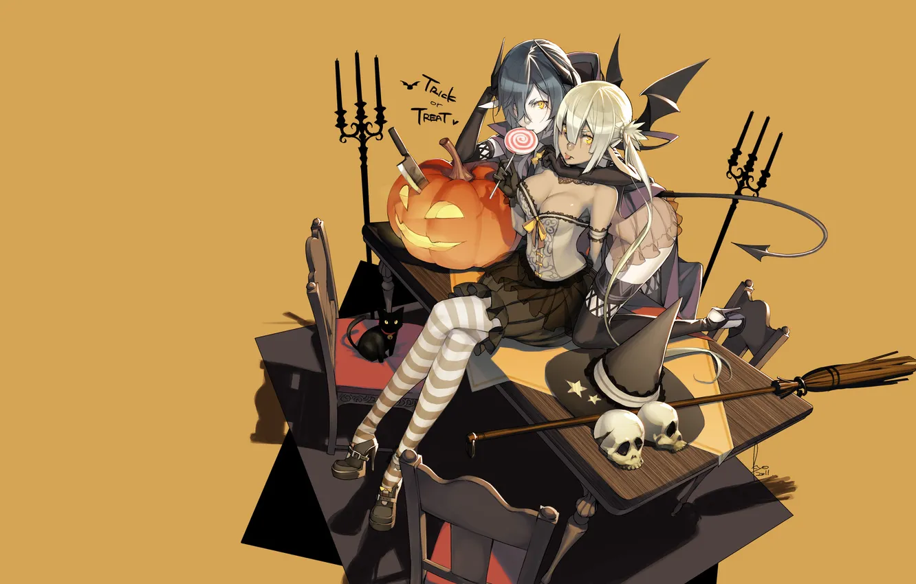 Photo wallpaper cat, table, girls, chairs, pumpkin, skull, broom, demons