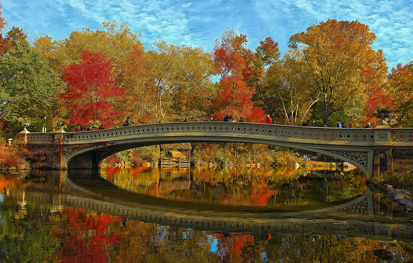 Photo wallpaper autumn, the sky, trees, landscape, bridge, New York, USA, Central Park
