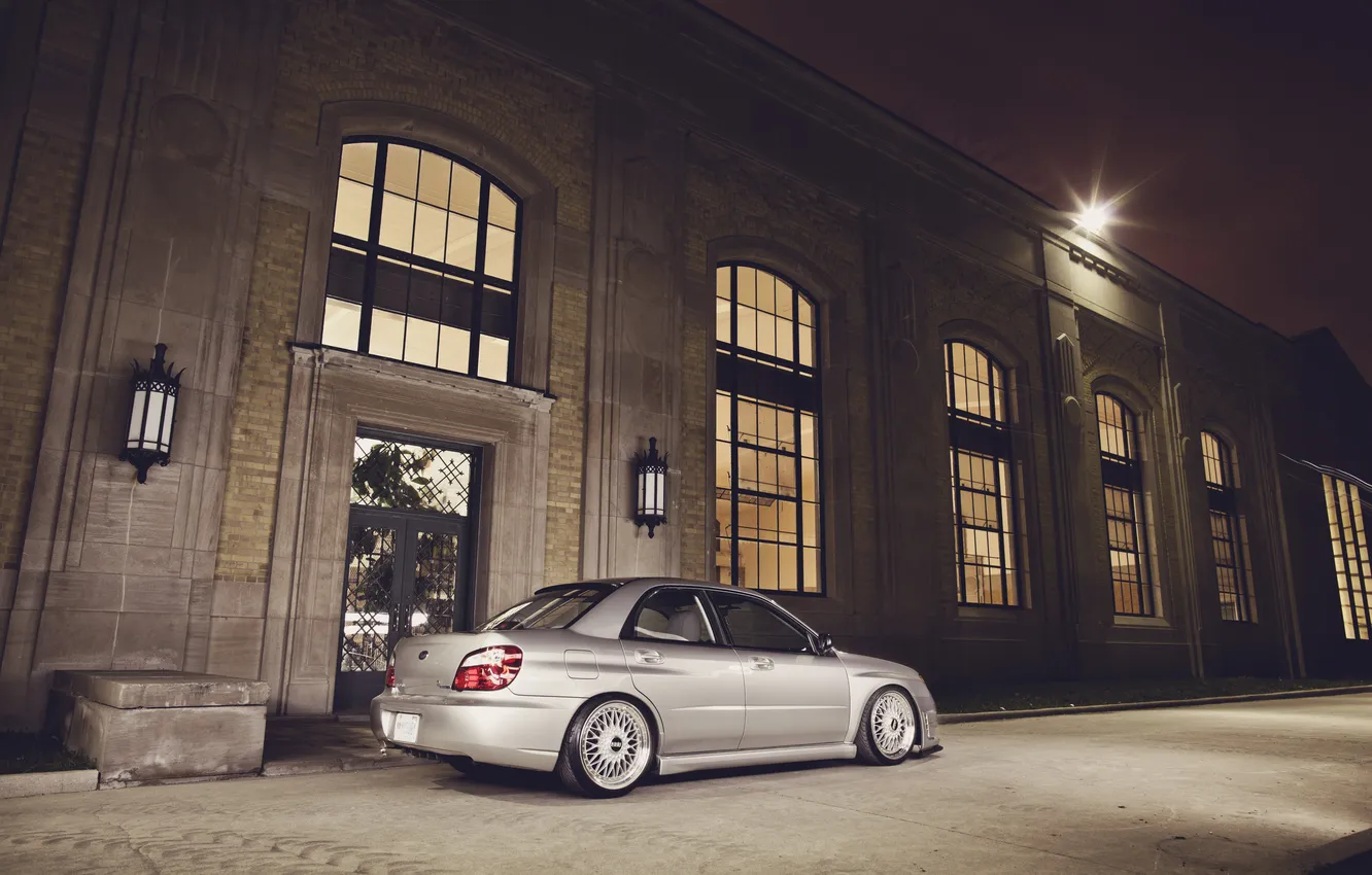Photo wallpaper building, Subaru, Impreza, silver, window, Subaru, Impreza, silvery