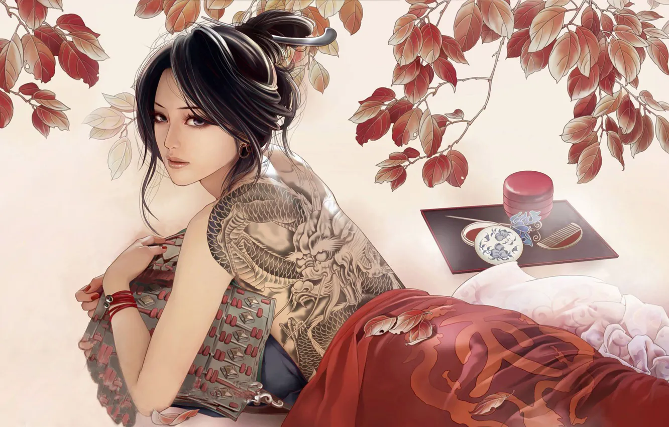 Photo wallpaper Girl, Japan, Asian, Japan, Tattoo, Tattoo, Art, Illustration