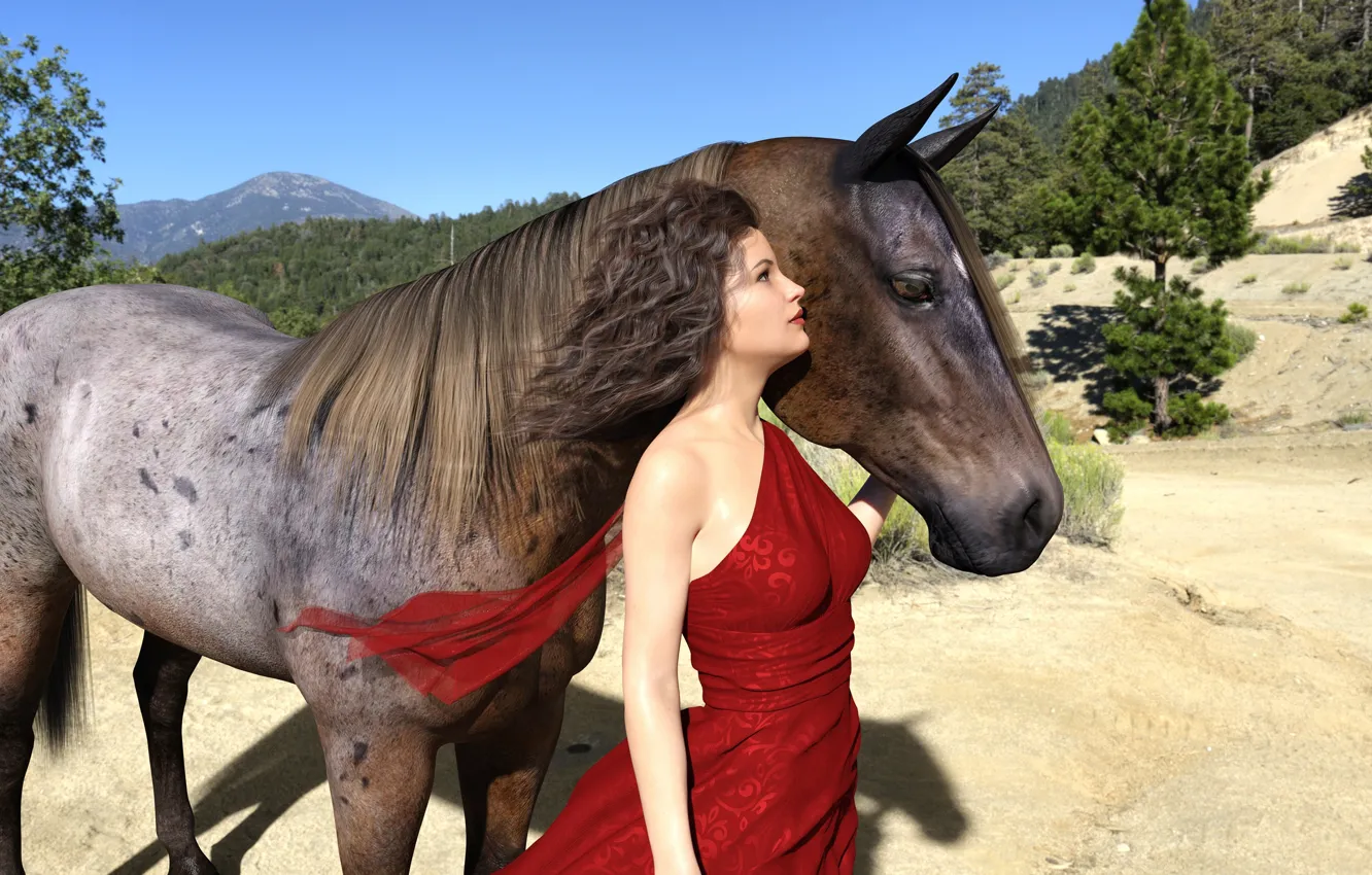 Photo wallpaper chest, summer, look, face, girl, trees, mountains, nature