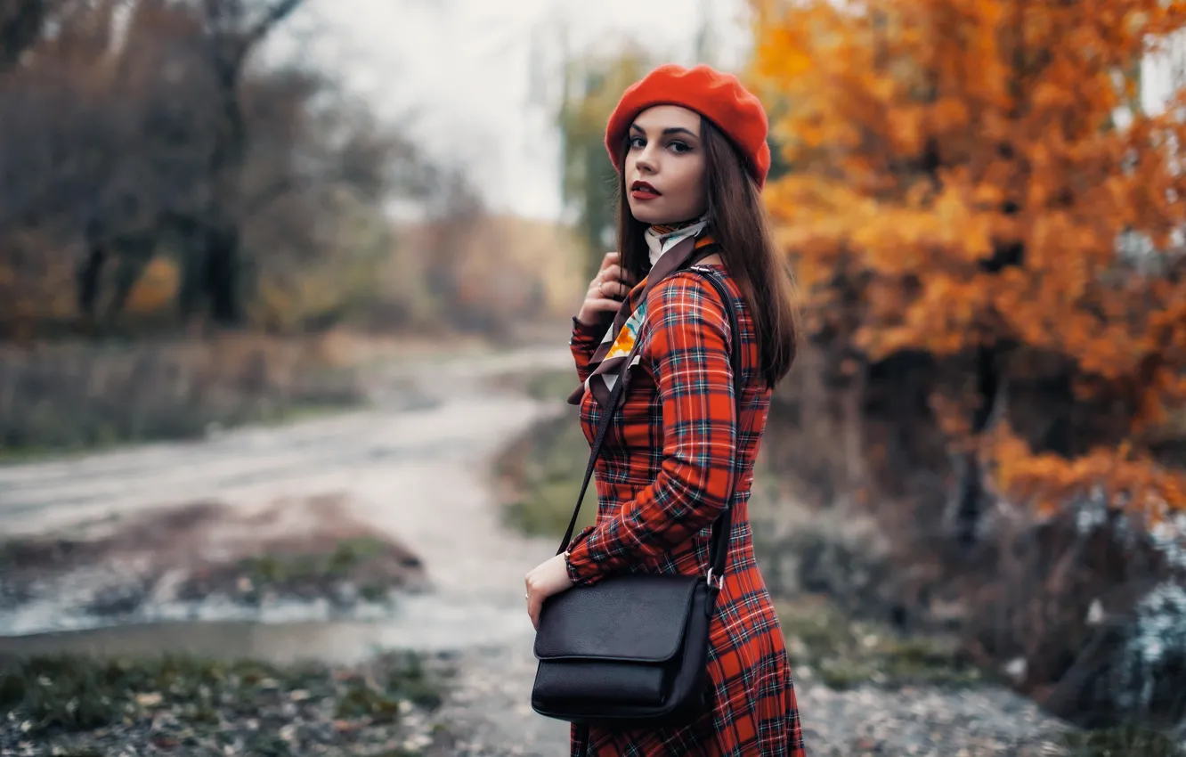 Photo wallpaper road, autumn, girl, trees, Park, brown hair, bag, coat