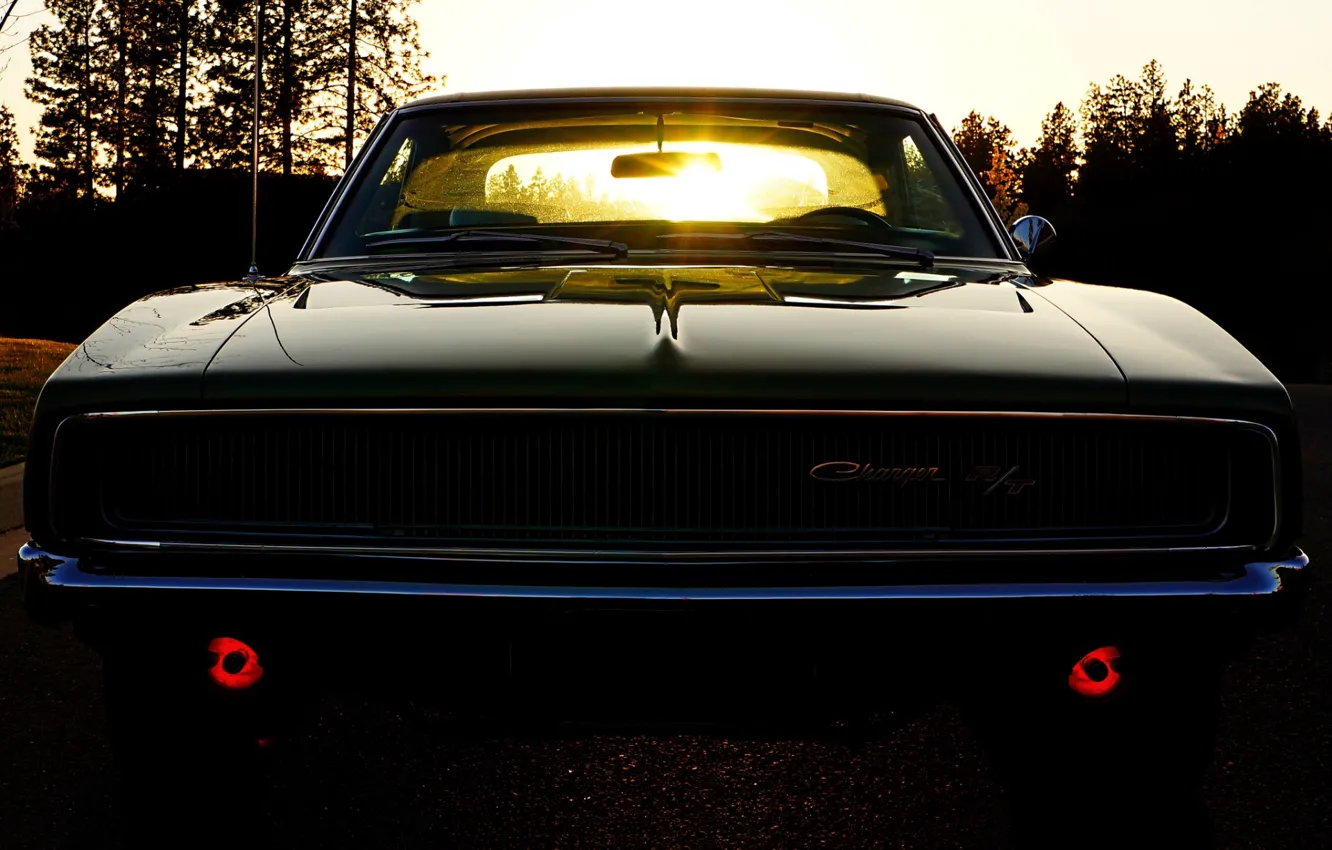 Photo wallpaper the sky, the sun, Dodge, Dodge, twilight, Charger, the front, 1968