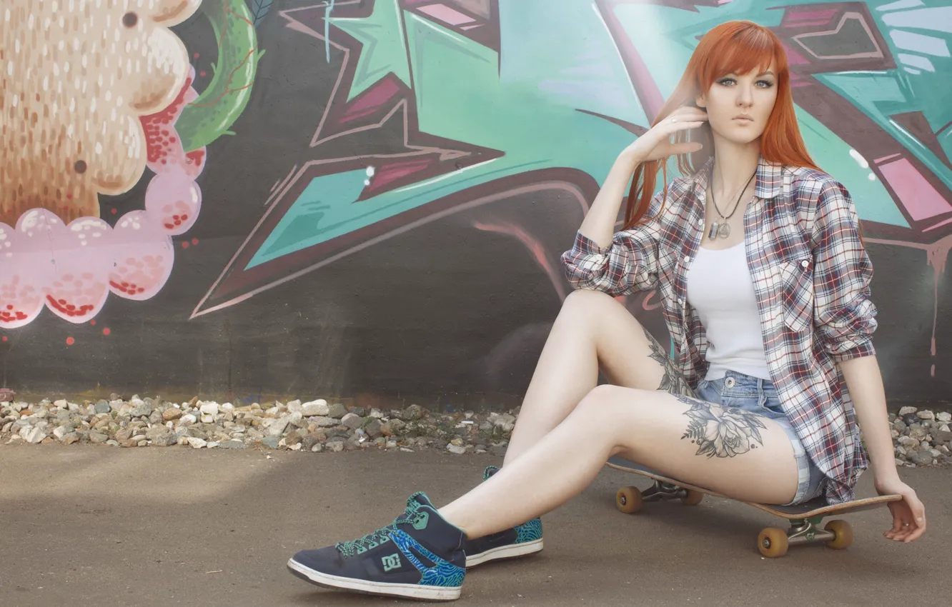 Photo wallpaper girl, graffiti, shorts, sneakers, Mike, tattoo, red, girl