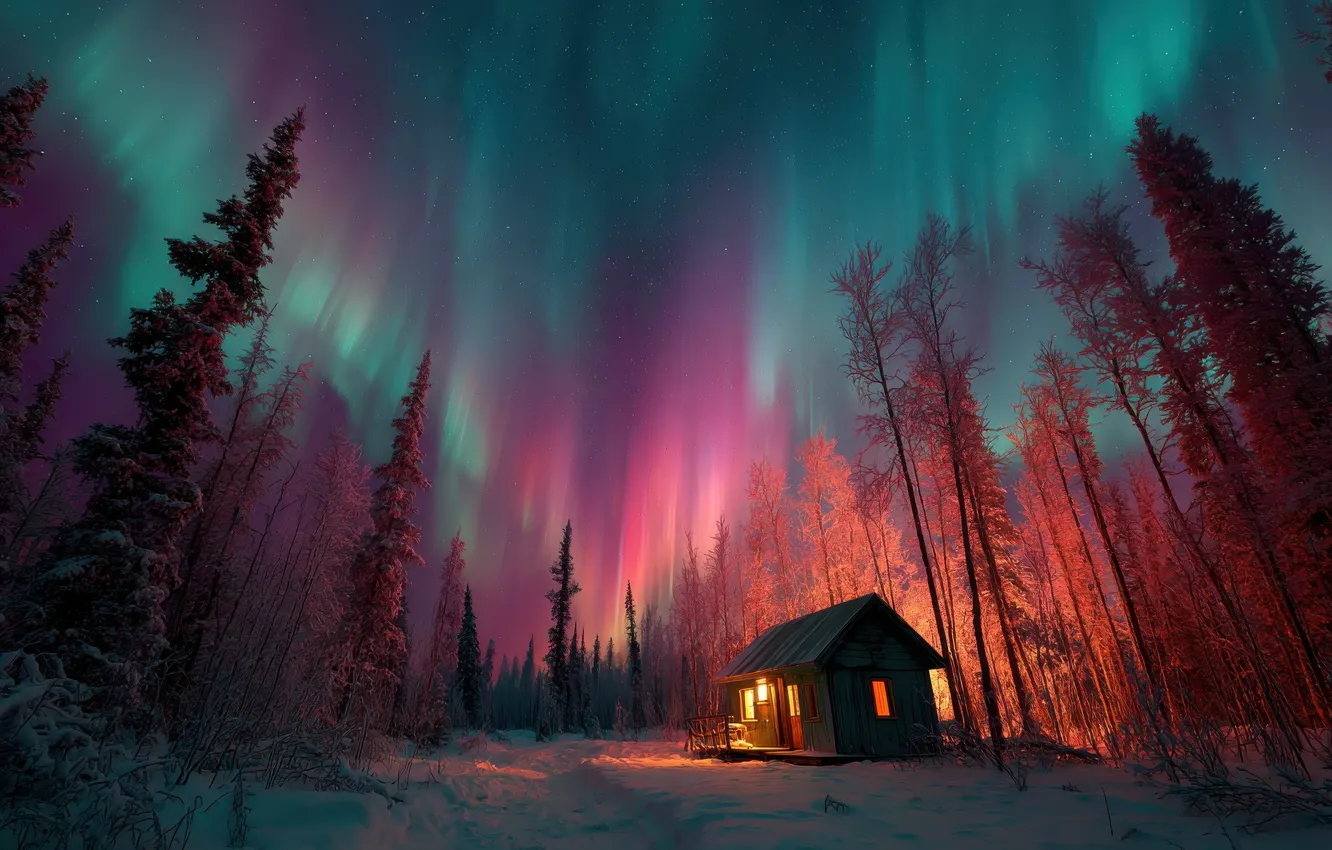 Photo wallpaper winter, frost, forest, the sky, light, snow, trees, night